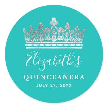 Elegant Teal Blue Silver Crown Quinceanera Name Classic Round Sticker