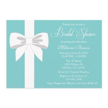 Elegant Teal Blue White Ribbon Bridal Shower Invitations