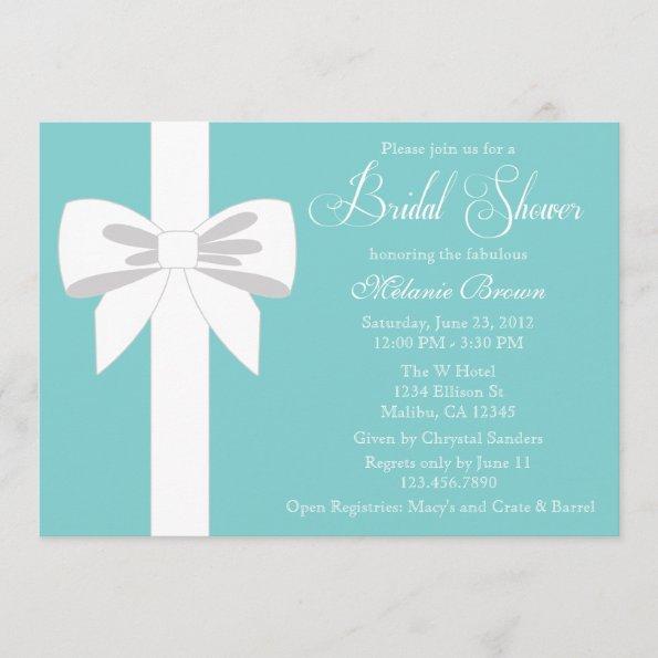 Elegant Teal Blue White Ribbon Bridal Shower Invitations