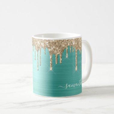 Elegant Teal Girly Glitter Drips Metallic Name Coffee Mug