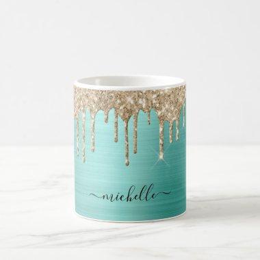 Elegant Teal Glitter Drips Girly Metallic Name Coffee Mug
