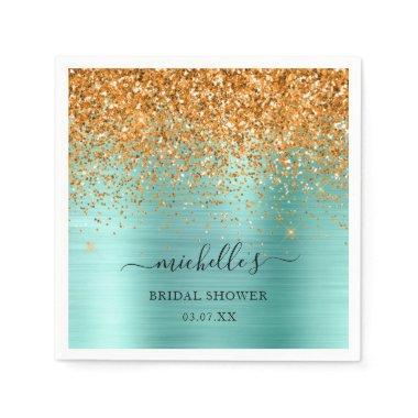 Elegant Teal Gold Glitter Sparkle Name Script Napkins