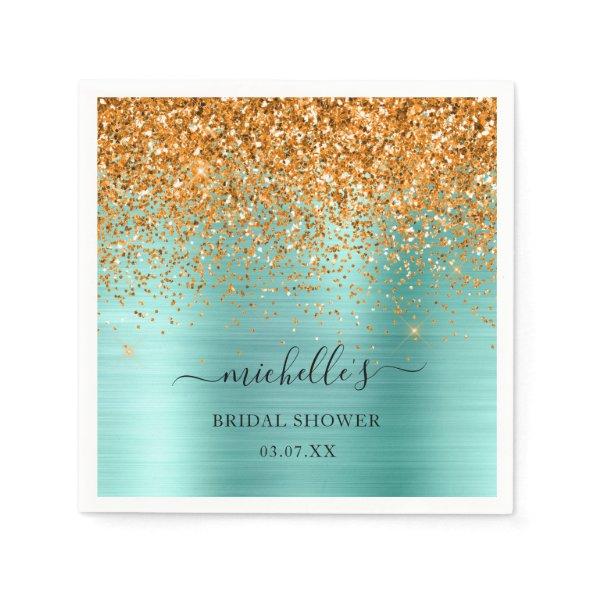 Elegant Teal Gold Glitter Sparkle Name Script Napkins