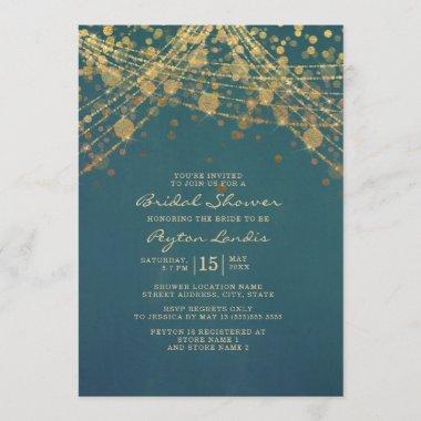 Elegant Teal Gold String Lights Bridal Shower Invitations