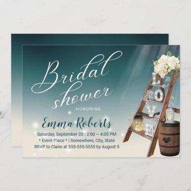 Elegant Teal Ladder & Wine Barrel Bridal Shower Invitations