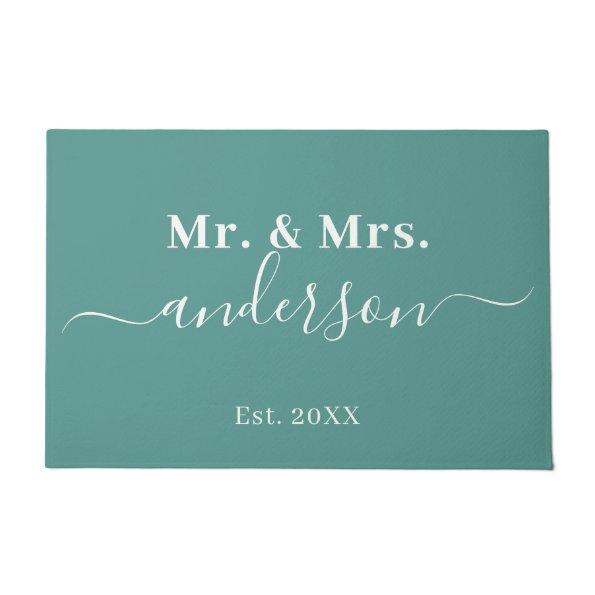 Elegant Teal Mr. And Mrs. Name Script Wedding Doormat