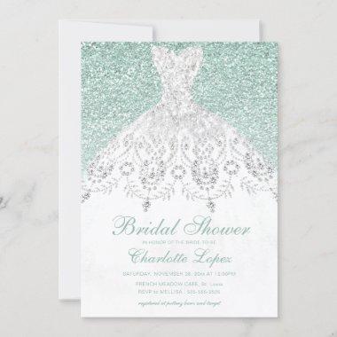 Elegant Teal Turquois Glitter Dress Bridal Shower Invitations