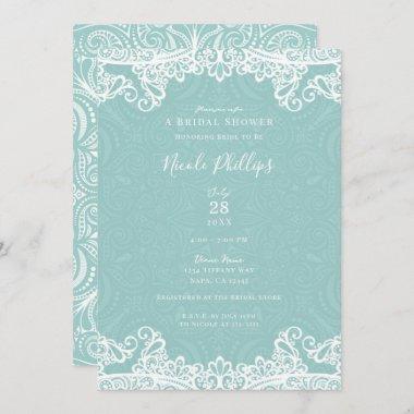 Elegant Teal Turquoise White Lace Bridal Shower  Invitations
