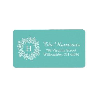 Elegant Tiffany Teal green Floral Wreath Monogram Label