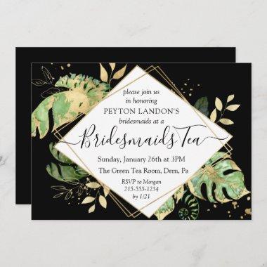 Elegant Tropical Black & Gold Bridesmaid Tea Party Invitations