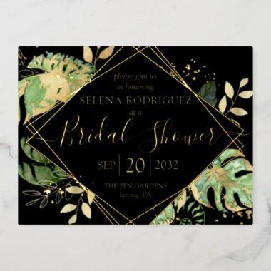 Elegant Tropical Bridal Shower Black & Gold Foil Invitation PostInvitations