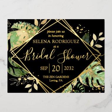 Elegant Tropical Bridal Shower Black & Gold Foil Invitation PostInvitations