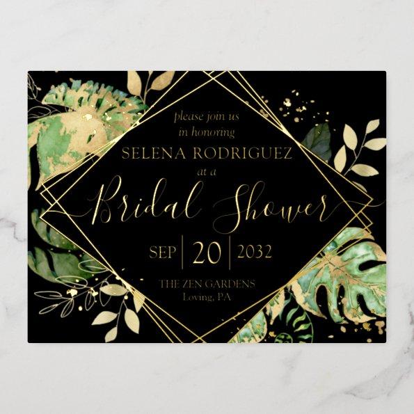 Elegant Tropical Bridal Shower Black & Gold Foil Invitation PostInvitations