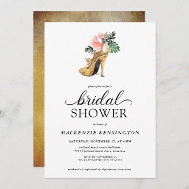 Elegant Tropical Floral Gold Heels Bridal Shower Invitations