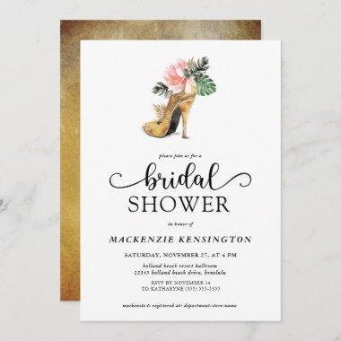 Elegant Tropical Gold Glam Heels Bridal Shower Invitations