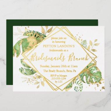 Elegant Tropical Green & Gold Bridesmaids Brunch Foil Invitations