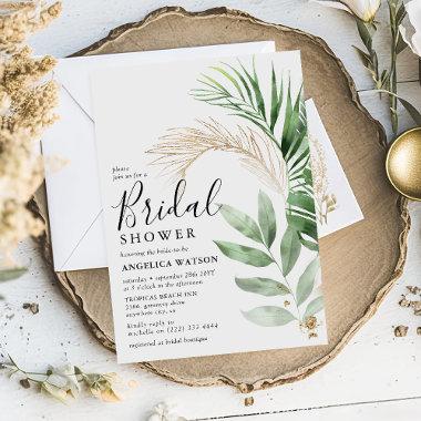 Elegant Tropical Greenery & Gold Bridal Shower Invitations
