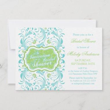 Elegant Turquoise Blue Green Floral Bridal Shower Invitations