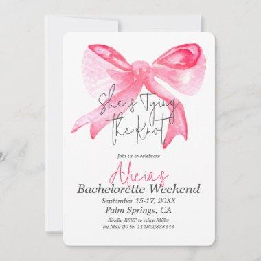 Elegant Tying the Knot Pink Bow Bachelorette Party Invitations