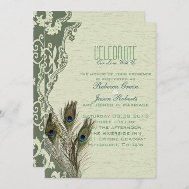 elegant vintage country green peacock wedding Invitations