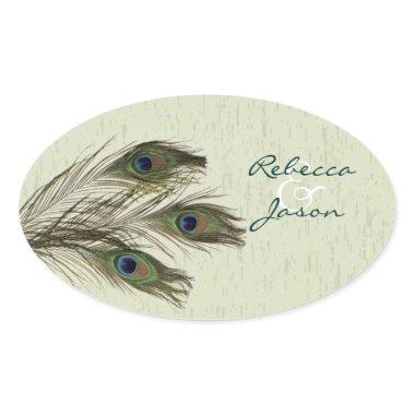 elegant vintage country green peacock wedding oval sticker
