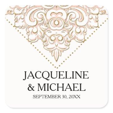 Elegant Vintage Damask Blush Pink Gold Lace Bridal Square Sticker