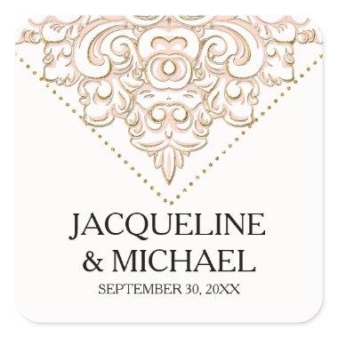 Elegant Vintage Damask Blush Pink Gold Lace Bridal Square Sticker