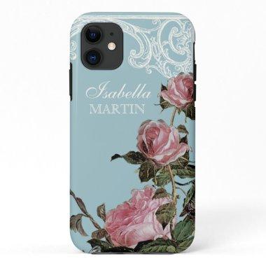Elegant Vintage Dusty Blue Pink Rose Garden Floral iPhone 11 Case