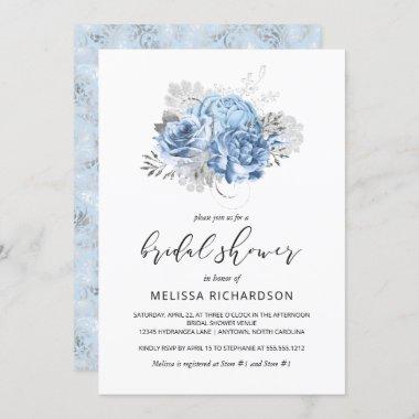 Elegant Vintage Floral Blue Silver Bridal Shower Invitations