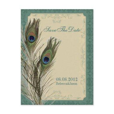 elegant vintage floral peacock Save the date Announcement PostInvitations