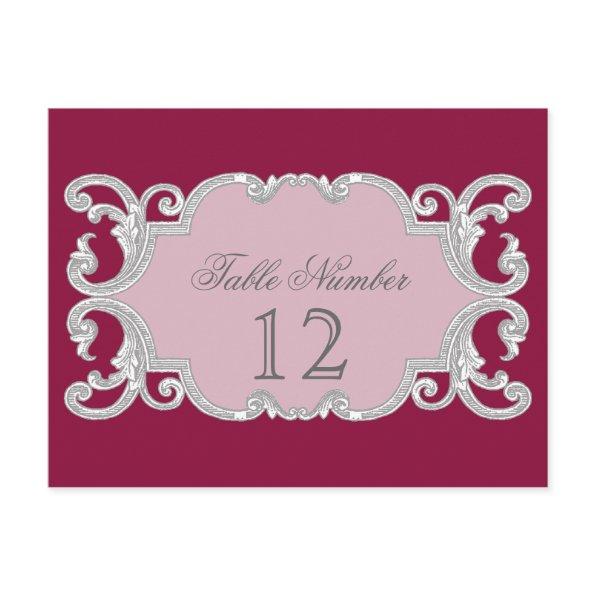 Elegant Vintage Lace Burgundy Table Number Cards