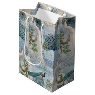 Elegant Vintage Peacocks n Feathers White and Blue Medium Gift Bag