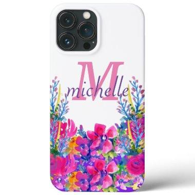 Elegant Vintage Pink Floral Rose Monogram Name iPhone 13 Pro Max Case