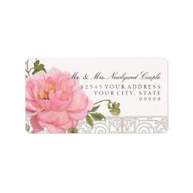 Elegant Vintage Pretty Peony Flower Art w Scrolls Label