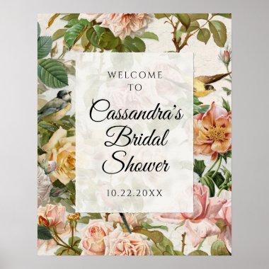 Elegant Vintage Rose Bird Floral Welcome Bridal Poster