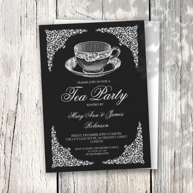Elegant Vintage Tea Party Black Invitations