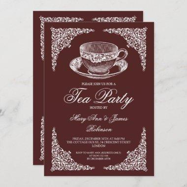 Elegant Vintage Tea Party Marsala Burgundy Invitations