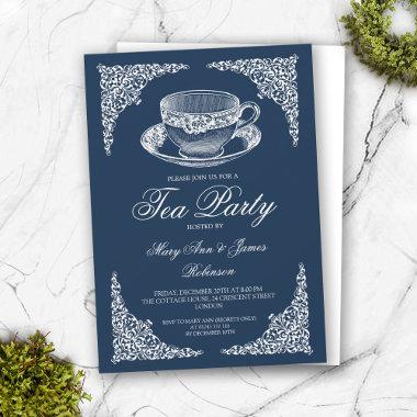 Elegant Vintage Tea Party Navy Blue Invitations