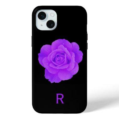 Elegant Violet Purple Monogram Dark Floral Rose iPhone 15 Plus Case