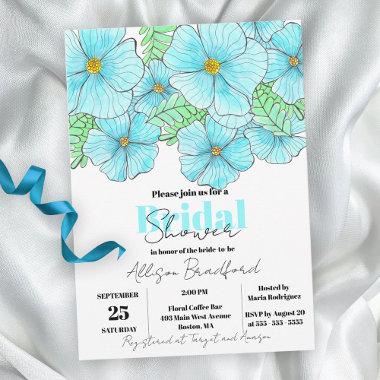 Elegant Watercolor Aqua Blue Flowers Bridal Shower Invitations