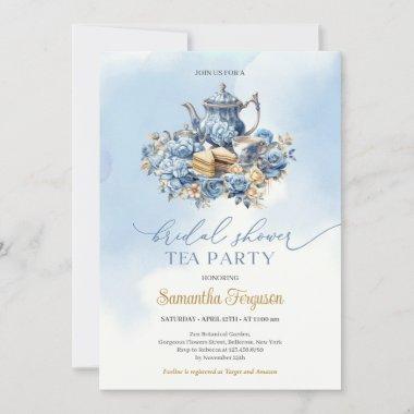 Elegant watercolor blue and gold tea party Invitations