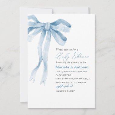 Elegant Watercolor Blue Bow Boy Baby Shower Invitations
