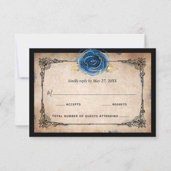 Elegant Watercolor Blue Rose Gold Rustic Wedding RSVP Card