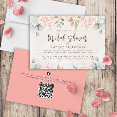 Elegant Watercolor Blush Floral Foliage QR Code Invitations