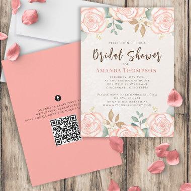 Elegant Watercolor Blush Floral Foliage QR Code Invitations