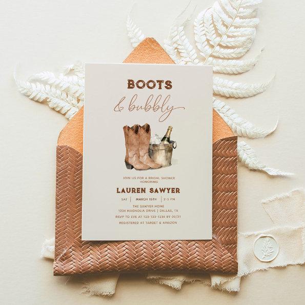 Elegant Watercolor Boots & Bubbly Bridal Shower Invitations