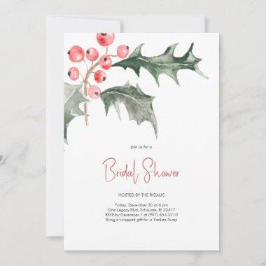 Elegant Watercolor Christmas Holly Bridal Shower Invitations