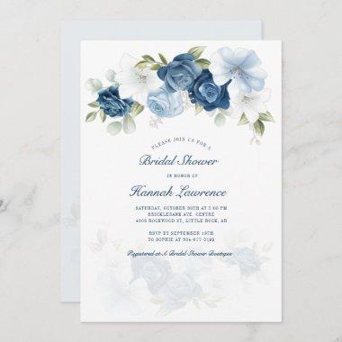 Elegant Watercolor Dusty Blue Floral Bridal Shower Invitations