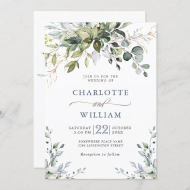 Elegant Watercolor Eucalyptus Greenery Wedding Invitations