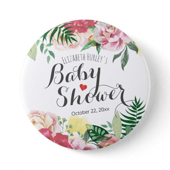 Elegant Watercolor Floral Baby Shower Pinback Button